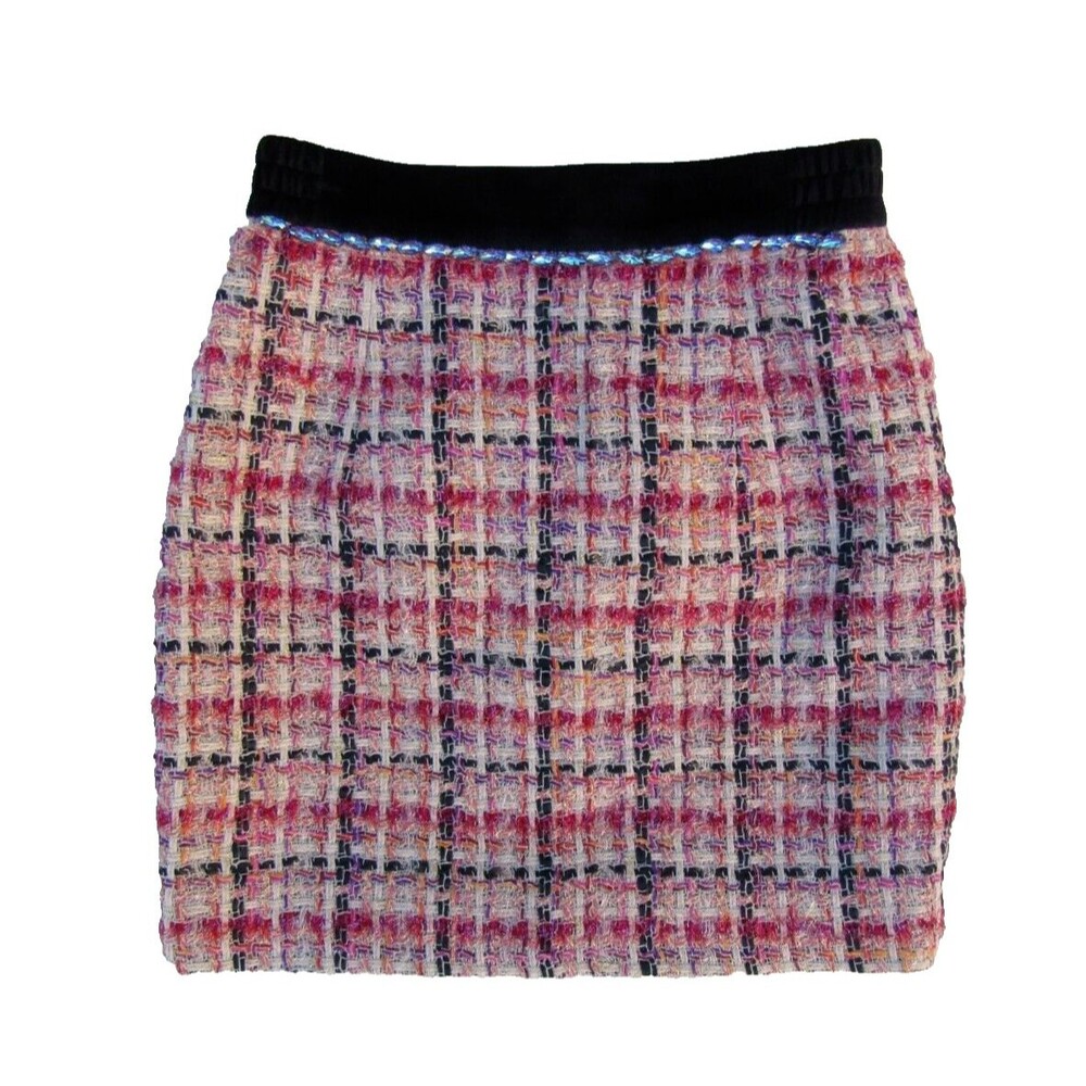 Tweed Mini Skirt Pink Black Embellished Womens Size 36 Silk Blend Y2K Barbiecore